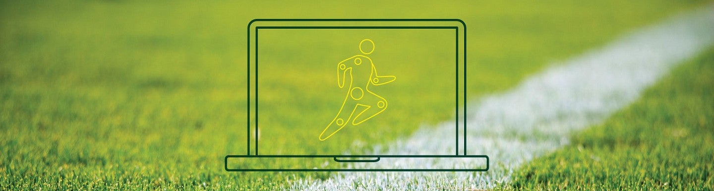 Lineart icon of a laptop with a running figure on the screen against a background of a grassy playing field