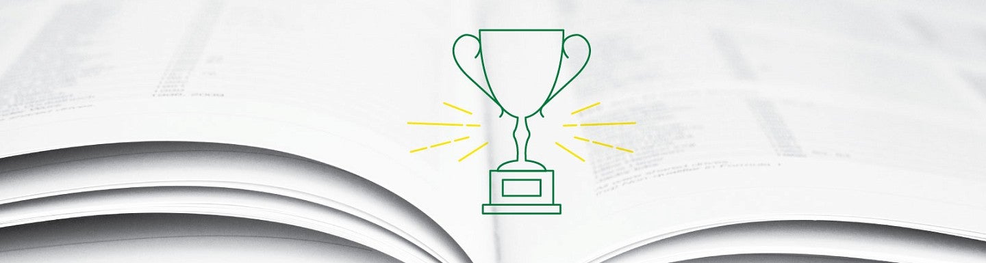Icon lineart of a trophy in green against a background of a book