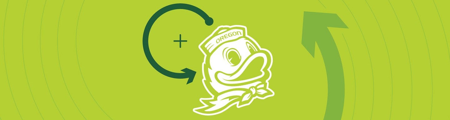 Icon of the UO Duck with lineart arrows against a green background