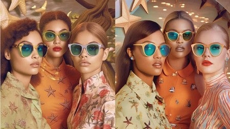 An AI-generated image, used by Henderson and coauthors in their research, of three fashionable people of different skin tones wearing sunglasses