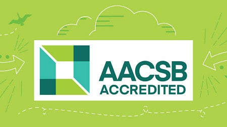 The AACSB logo against a lime green background, surrounded by lineart graphic icons
