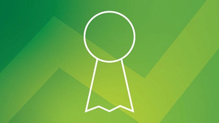White icon lineart of an award ribbon against a green background