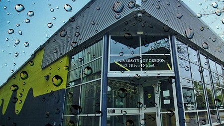 Eugene RAIN building with overlay of raindrops