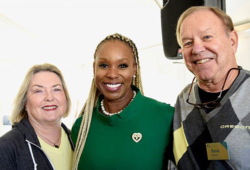 Ericka Warren '92, MBA '19, shares a moment with Dave and Nancy Petrone. Photo: Ericka Warren '92, MBA '19, shares a moment with Dave and Nancy Petrone.