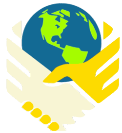 DOBS student club logo showing two hands coming to toghether to shake hands with a globe between them.
