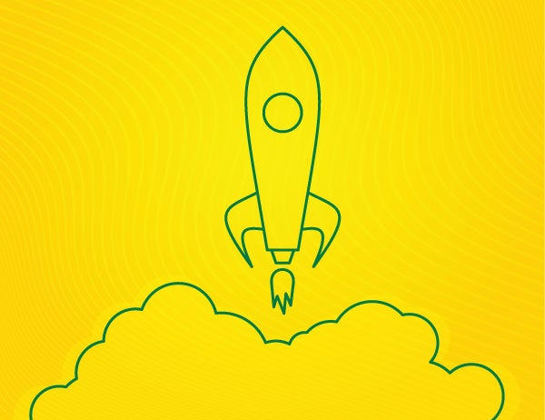 Green icon lineart of a rocket on a yellow background
