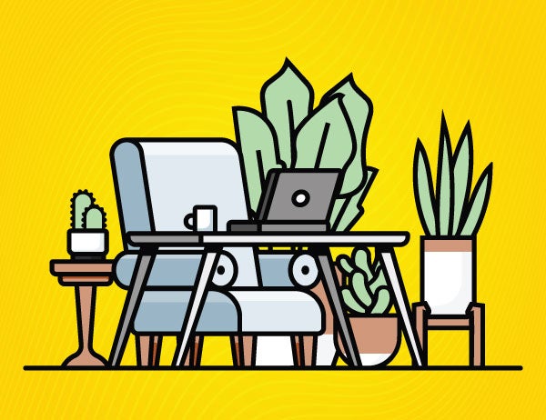Illustration of an armchair, laptop table, and houseplants against a yellow background