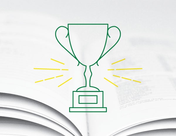 Icon lineart of a trophy in green against a background of a book