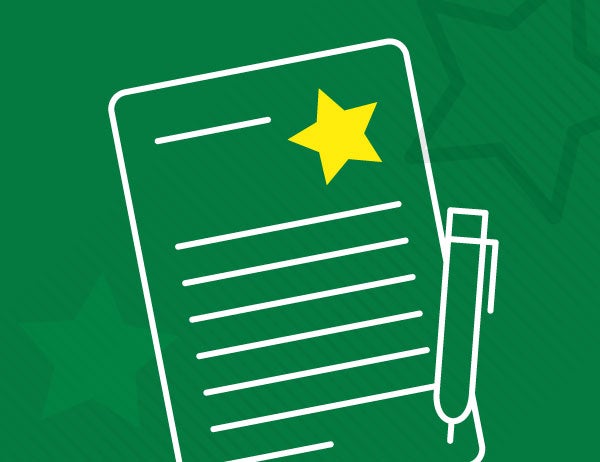 Lineart icon of a paper and pen against a background of green stars