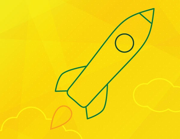 Green lineart of a rocket against a yellow background