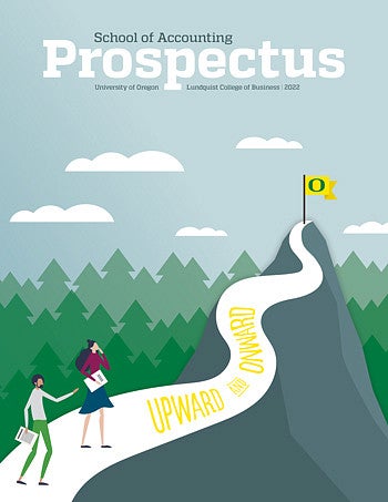 Illustration of two people holding documents at the bottom of a mountain path looking up towards a yellow flag with an O on it at the end of the path and trees behind the mountain.