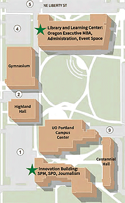 Map of UO's northeast Portland campus, showing the Library and Learning Center at the top and the Innovation Building at the bottom