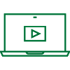 Line art icon of a computer with a video play button on the screen.