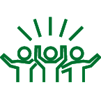 Green icon showing three people cheering together