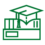 Green icon showing a stack of books and a graduation cap on top