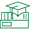 Icon of a graduation cap on top of a stack of books.