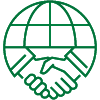 Icon of the top half of a globe and two hand shaking below it.