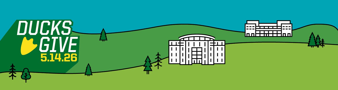 Simple digital line art of the Lillis Business Complex and UO Portland's Library and Learning Center on a landscape of rolling hills and trees, alongside the Ducks Give logo and the date 5.14.26