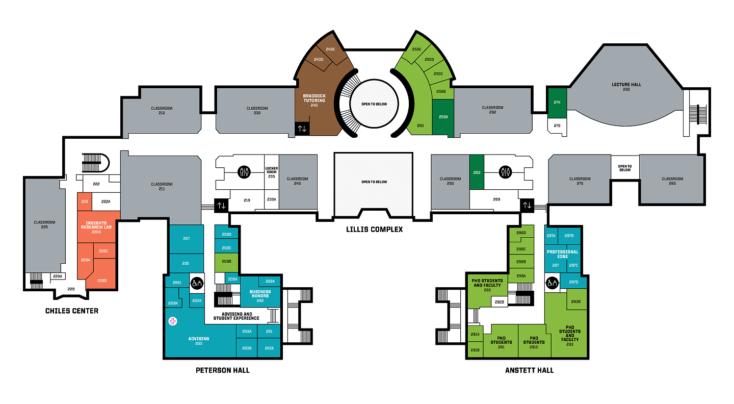 Map of the second floor of the Lillis Business Complex.