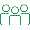 Line art graphic of three people standing together as a group.