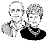 A black and white portrait illustration of Miles E. and Eleanor McKay