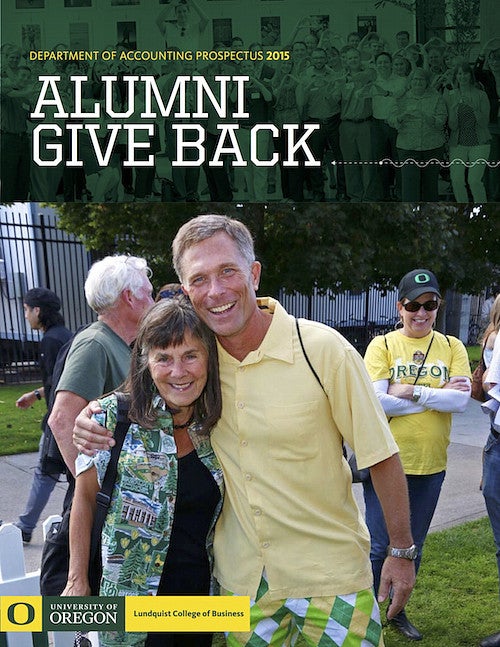 Cover of the 2015 issue of the UO Department of Accounting Prospectus with Helen Gernon and a former student at the alumni tailgate event.