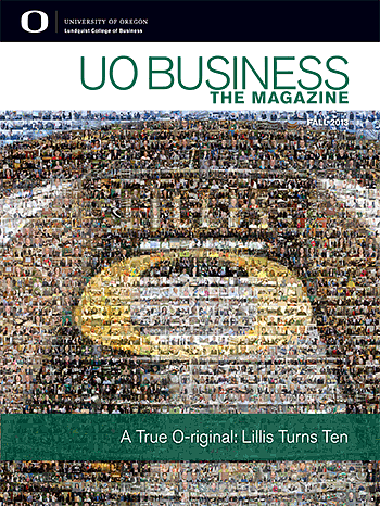 Image of the fall 2013 magazinue cover showing an image of the south entrance of the Lillis Business Complex composed of thousands of smaller images of students and faculty from around the college.