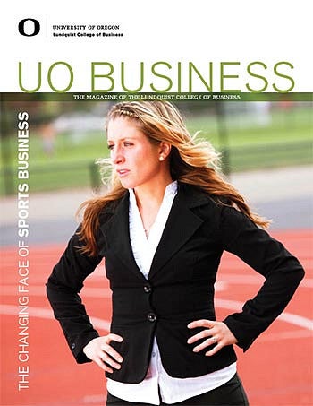 Cover image of issue with women in a business suite standing on a running track looking over into the distance with hands on here hips and the words "The Changing Face of Sports Business"