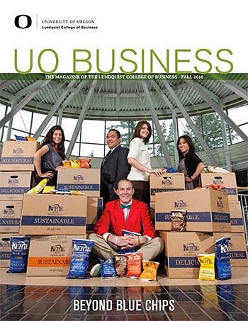 Cover image with students sitting and standing among boxes of Kettle Potato Chips with the text underneath them that says "Beyond Blue Chips"