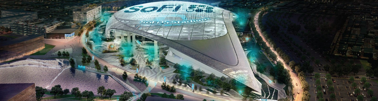 Aerial artist's rendering of So-Fi Stadium at night from an oblique angle