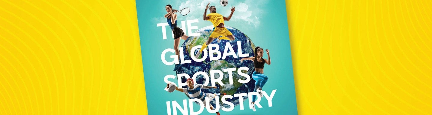 Cover of the book titled "The Global Sports Industry" at an askew angle in the middle of a bright yellow background