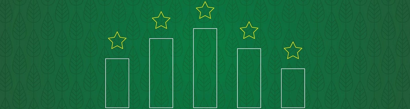 Illustration showing five bars of a bar graph with stars above each bar in line art style in white and yellow on a green background