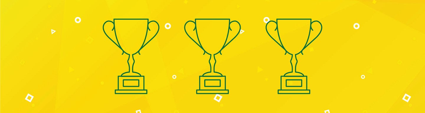 Illustration with three line art trophy cups in a row in green on a yellow colored background