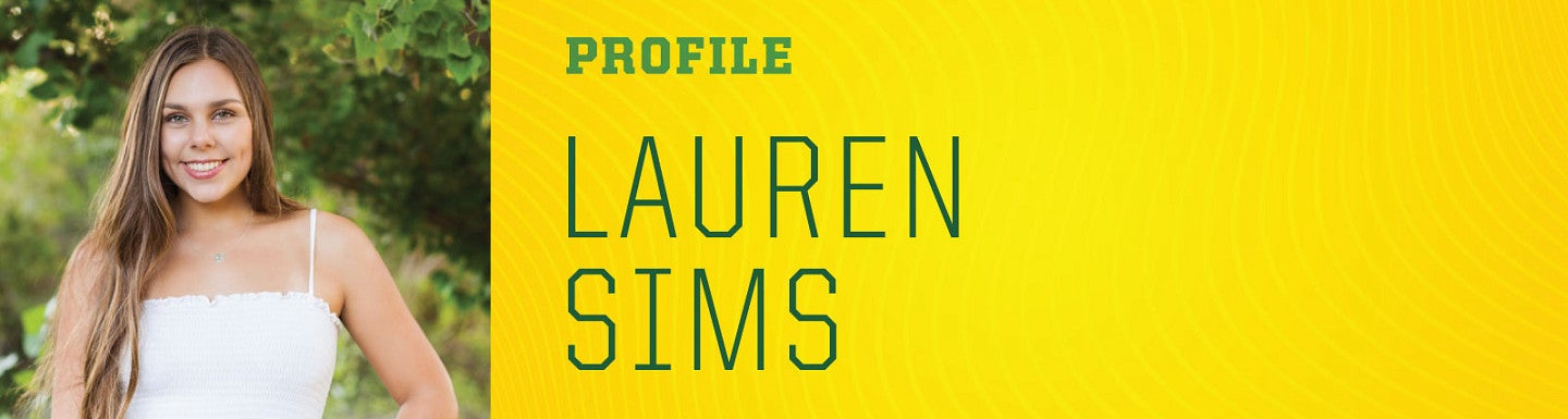 Photo of Lauren Sims in the square on the right of a large image with the words "Profile: Lauren Sims" in large text to the right of the image and on a yellow background
