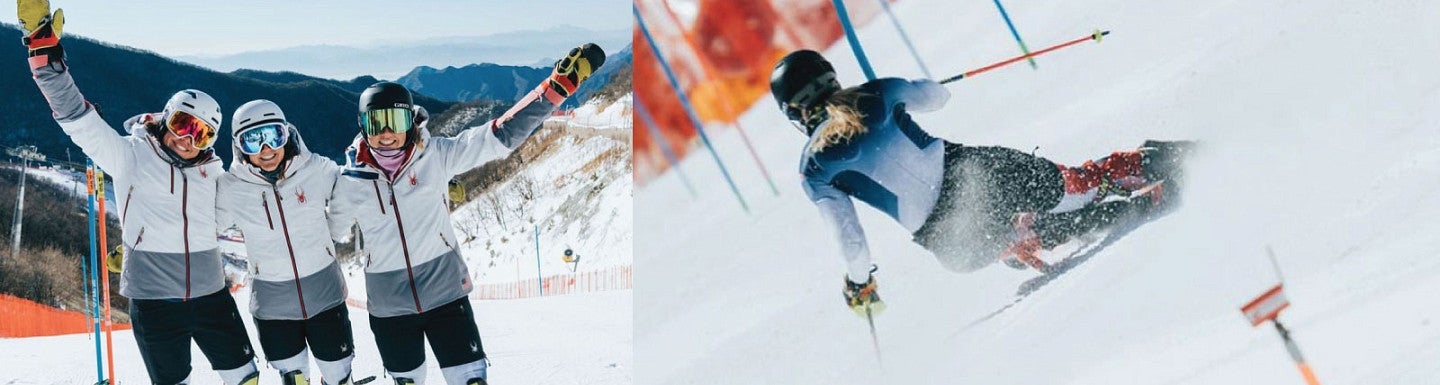 Collage of two photos of the U.S. Alpine Ski team side-by-side. First photo is of a group of three skiers in a group on the slopes facing the camera and wearing heated training shorts over the top of their regular ski outfits. Second photo is a picture of af a skier from behind as they ski down the training course for the Winter Olympics.