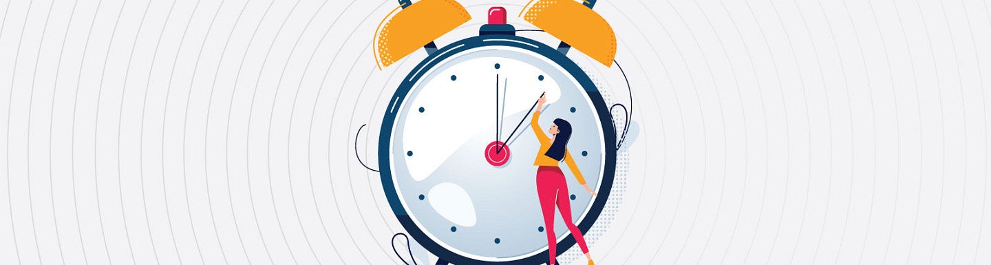 Illustration of a women trying to move the hour hand on an large alarm clock forward an hour