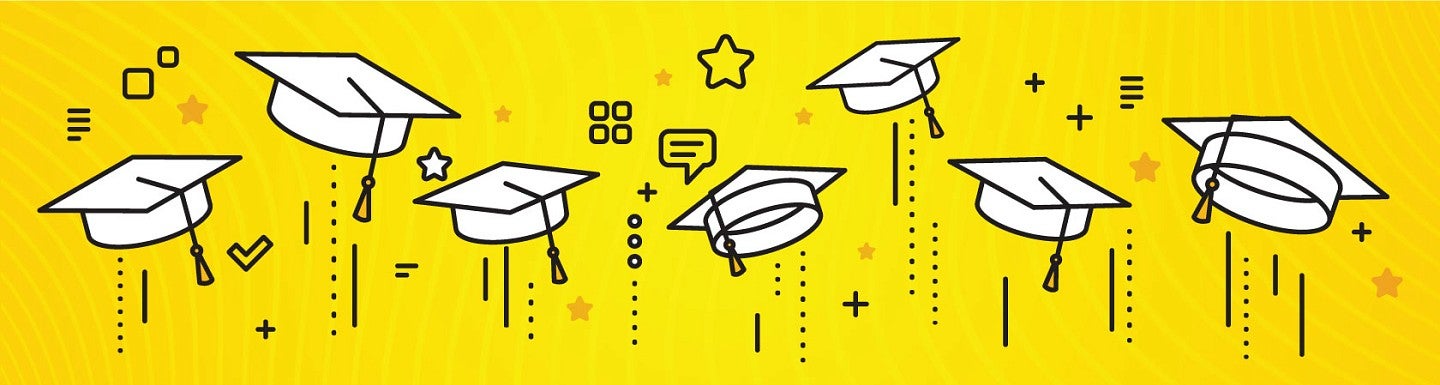 Simple digital line art of graduation caps being thrown in the air