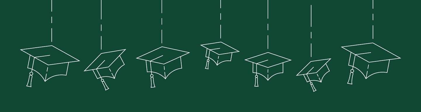 Simple digital line art of graduation caps lined up in a row