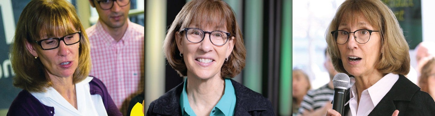 A collage of three side-by-side images of Ellen Schmidt-Devlin helping students, smiling for a portrait, and speaking to a crowd