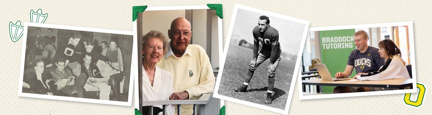 A collage of photos of Robert and Braddock, including two from his youth as a UO student and one from present day with wife Lois. A photo of two students using the Braddock Tutoring Center is also included.