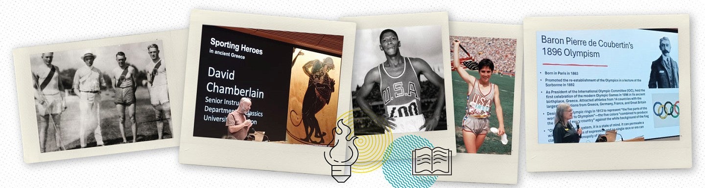 Collage of historical olympic photos with screen captures of video from presentations during UO Olympics Studies Week