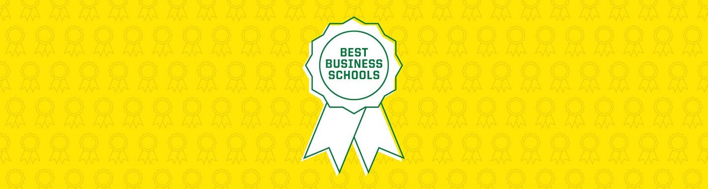 Simple digital art of an award ribbon with the text "Best Business Schools" in the center