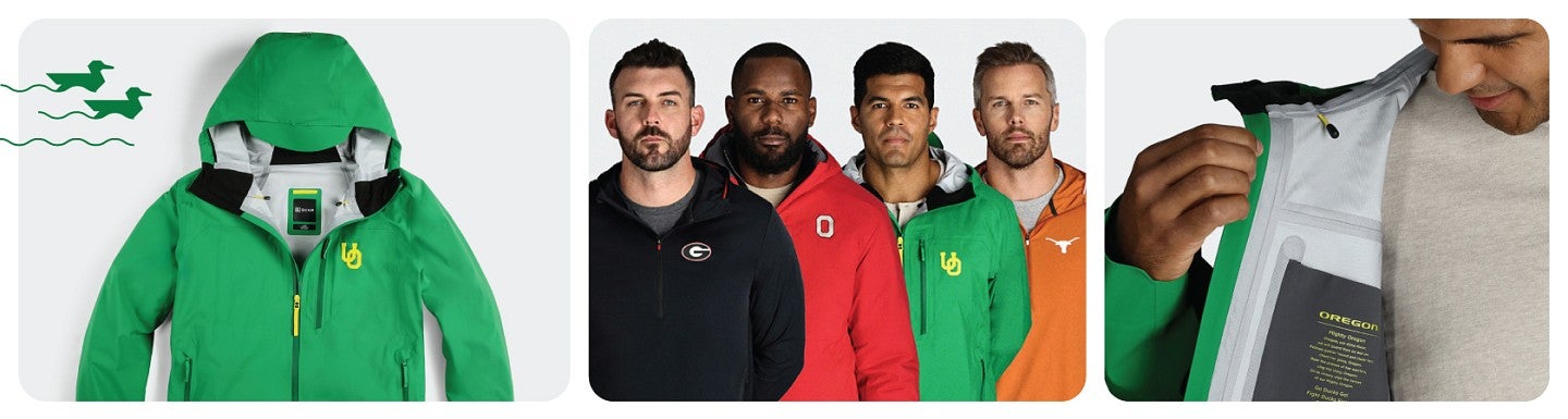 A collage of photos of people modeling rain jackets in different colors