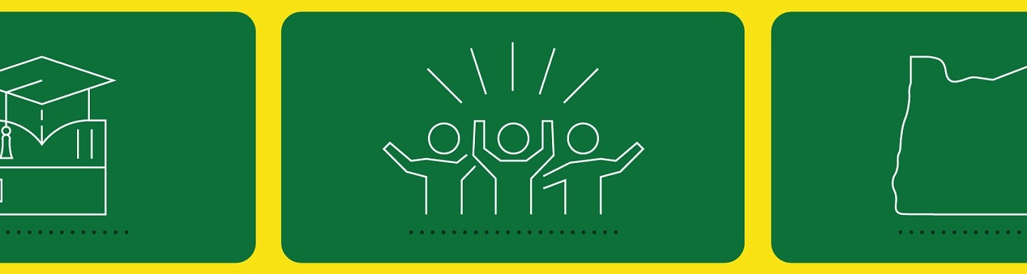 Simple digital icons of a graduation cap, three people with their hands in the air, and the state of Oregon