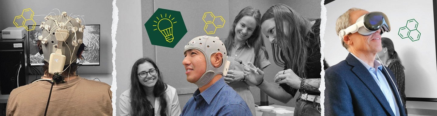 A collage of images of people taking part in activities in the Insights Research Lab, including a participant wearing a special cap while others look on, and Lundquist College Dean Bruce Blonigen using a VR headset
