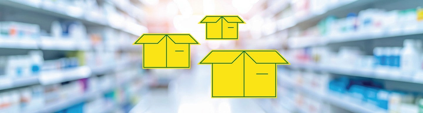 Simple digital artwork of open cardboard boxes against a background of a store aisle