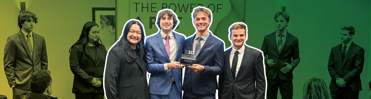 Photo of the four students on the Warsaw team holding their award against a background of the same students making their presentation