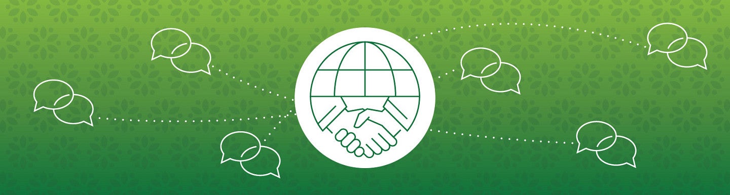 A simple line art icon of two hands shaking underneath the top half of a globe