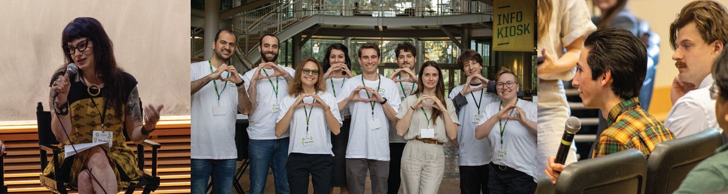 A collage of photos from the 2026 Summit for Sustainable Organizations (from left to write): a panelist sits at the front of a room while speaking; a group of students stand in the atrium of the Lillis Business Complex and make the 'O' symbol with their hands; a member of the audience speaks into a microphone during the event