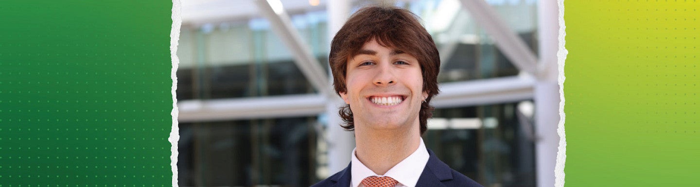 Young man with brown hair smiles in a well light room with windows behind him. Portrait is overlaid on a yellow and green background.